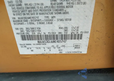 2021 Ford Ecosport Se из США, поврежденный, VIN MAJ6S3GL6MC405747